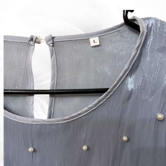 Light Blue Pearl Embellished Sheer Blouse – Long Sleeve Elegant Top - Picture 4 of 7